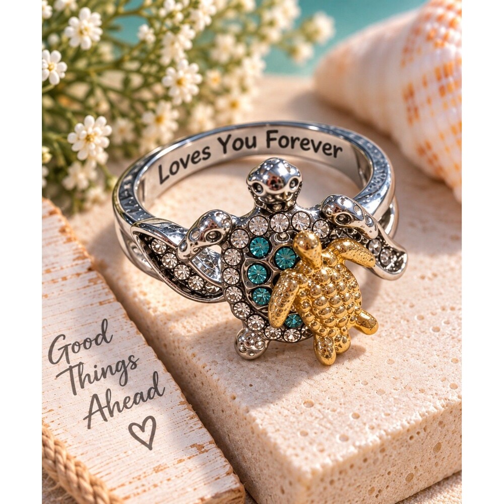 Vintage Mom Loves You Forever Turtle Ring, Rhinestone Mother Baby Sea Turtle